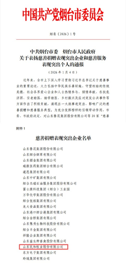 民和股份獲評煙臺市“慈善捐贈表現(xiàn)突出企業(yè)”